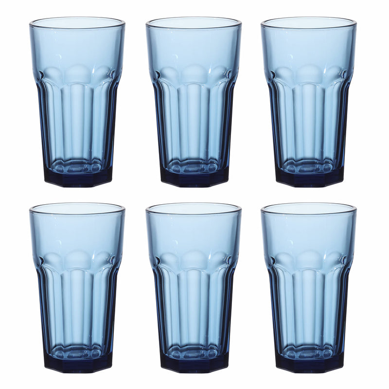 Double old-fashioned glasses, drink glass, colored cups and water