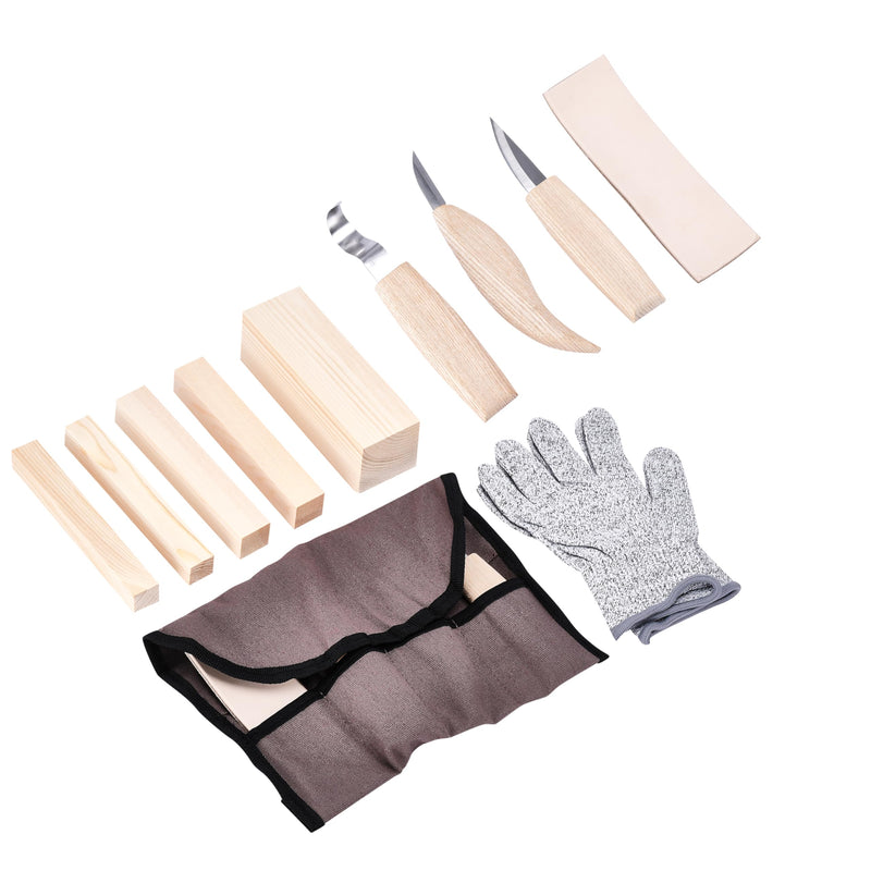 Whittling knife set with 12-1 polishing paste, bag, gloves, 3 knives, 5 blocks