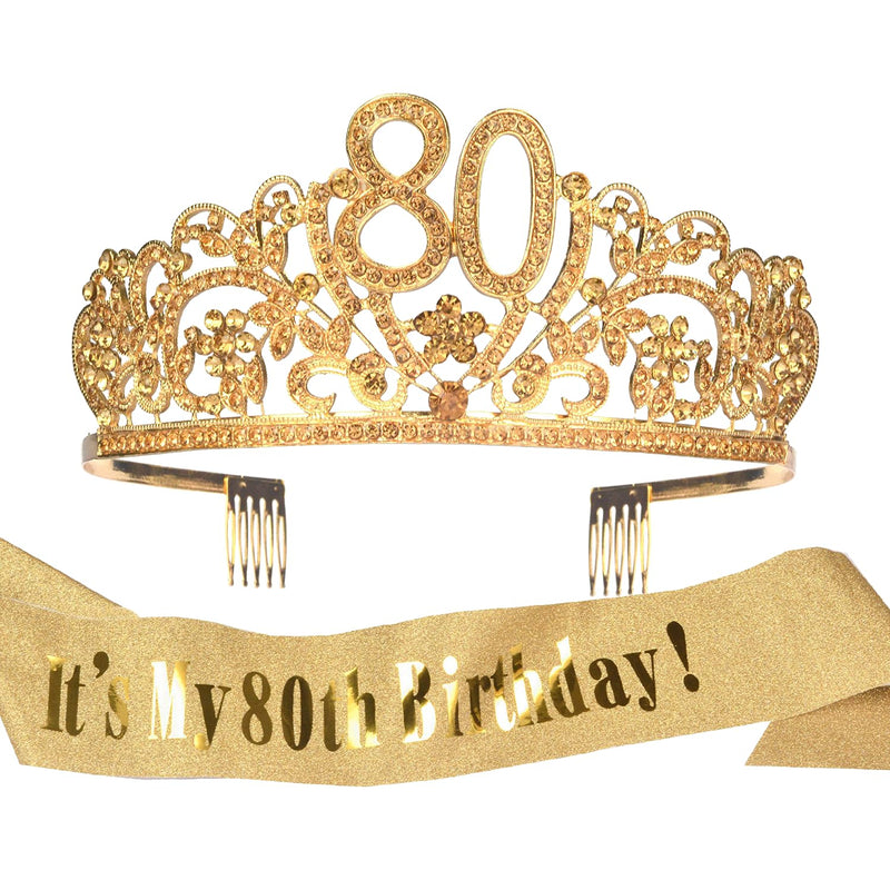 80th Birthday Sash and Tiara for Women - Fabulous Glitter Sash + Flowers