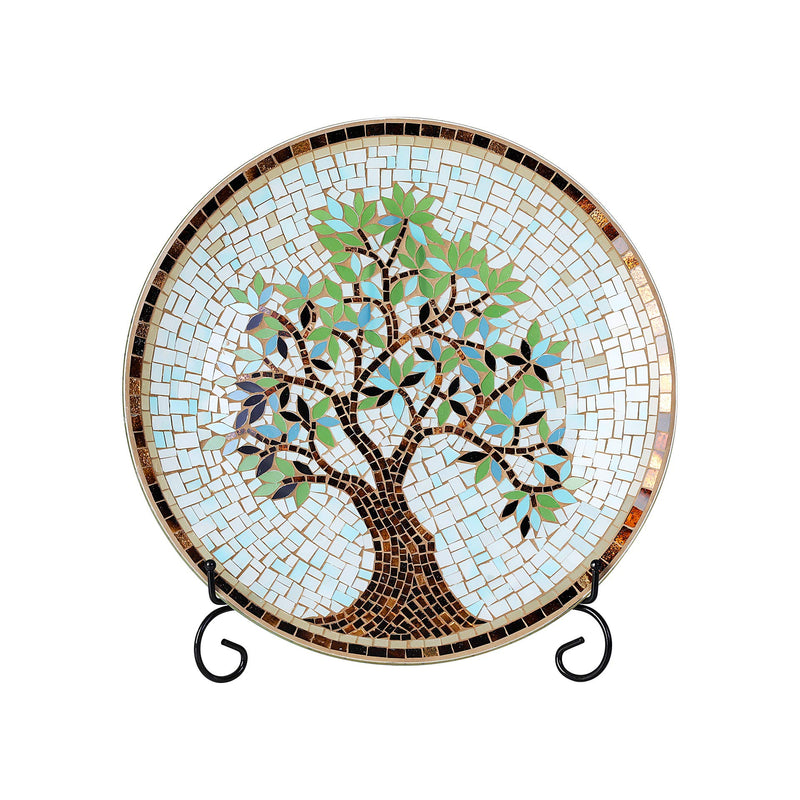 15" round decorative mosaic glass charger plate with stand and tree pattern