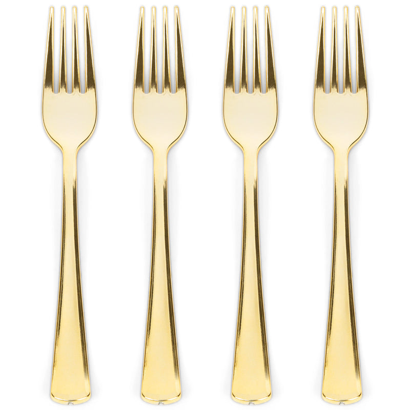 100 gold plastic forks. Robust, heavy cutlery forks made of golden plastic