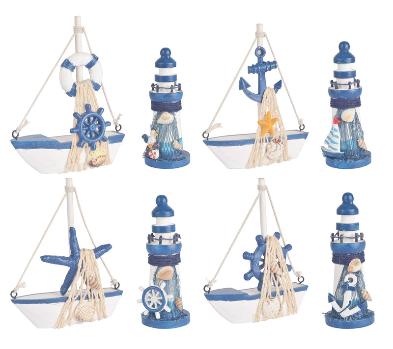 Meanttobe Wooden Lighthouse and Mini Sailboat Set of 8 - Handmade Nautical