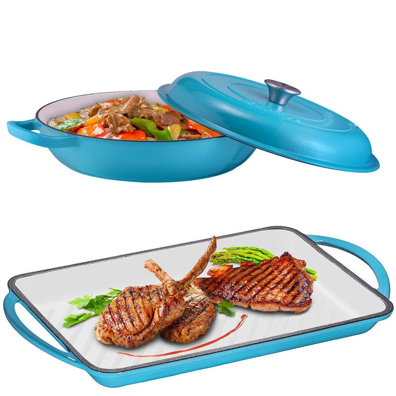 2 Piece Enameled Cast Iron Saute Pan with Lid 38 Quart Rectangular Gift Set