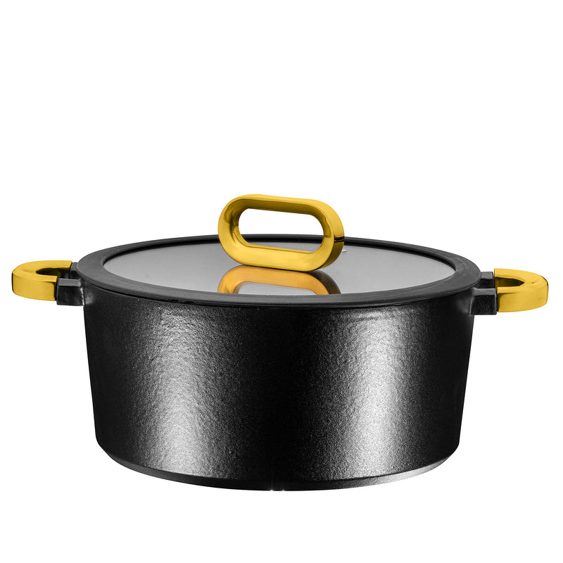 4 Quart Enamel Cast Iron Dutch Oven Pot with Lid with Gold Handles, 4 Quart Black