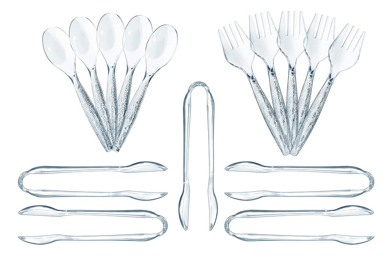 15 Piece Clear Plastic Disposable Serving Cutlery Set - 10" Spoon, Tongs