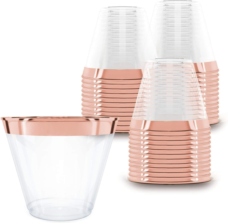 100 Rose Gold Plastic Cups - 9oz Rose Gold Hard Disposable Cups - Rose Gold