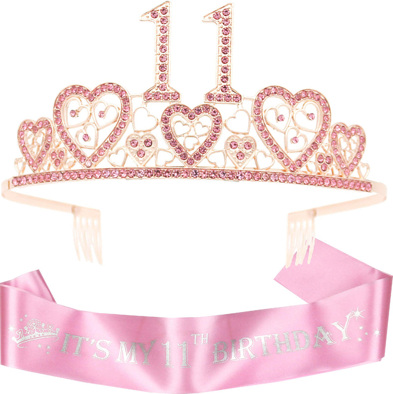 Girls 11th Birthday Sash and Tiara - Fabulous Glitter Sash + Hearts