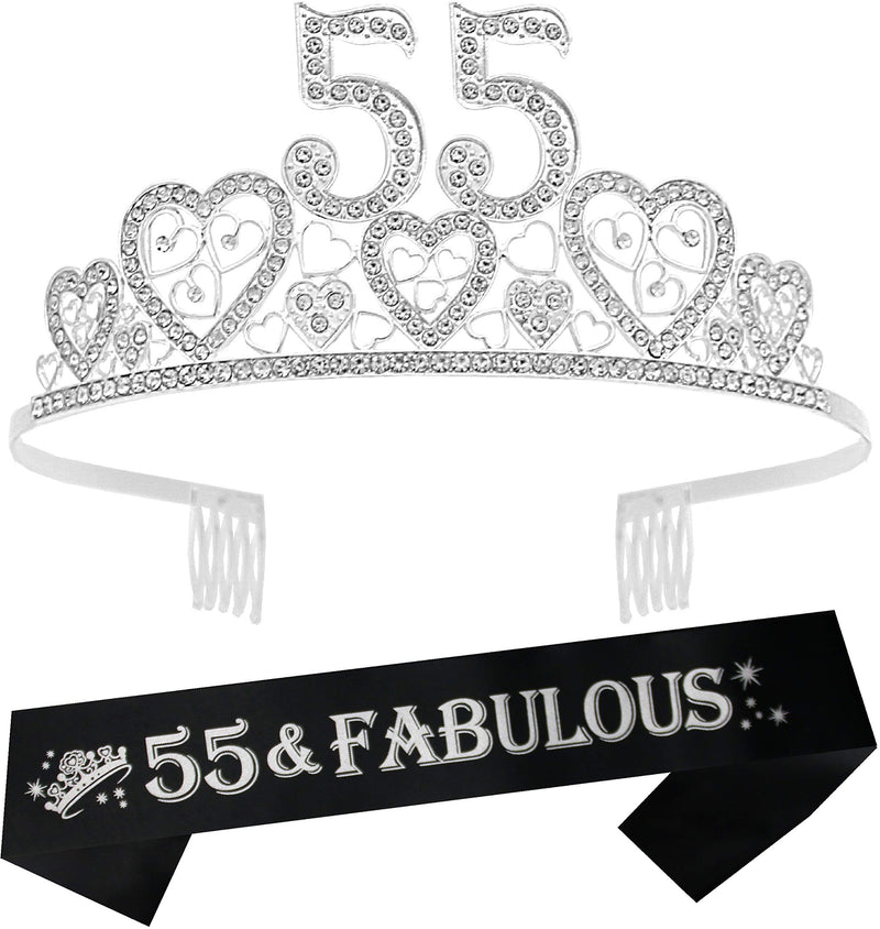 55th Birthday Sash and Tiara for Women - Fabulous Glitter Sash + Hearts