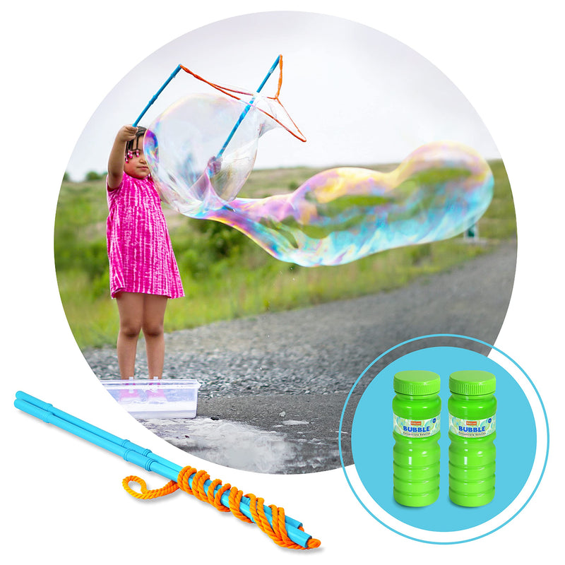 Bubble wand with 24 ounces of mixed giant bubble solution. Giant bubble wands