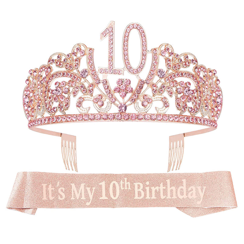 Girls 10th Birthday Sash and Tiara - Fabulous Glitter Sash + Flowers