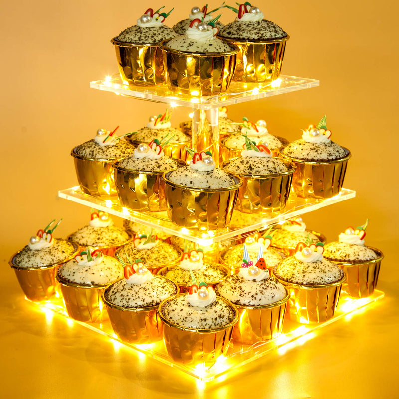 3 Tier Acrylic Cupcake Stand Pastry Stand with LED String Lights Dessert Tree