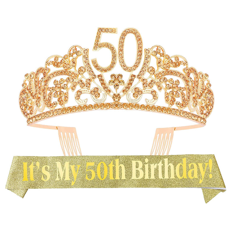 50th Birthday Sash and Tiara for Women - Fabulous Glitter Sash + Flowers