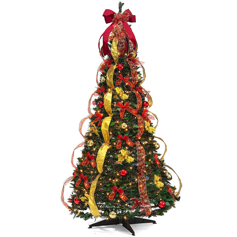 6 Foot Pre-Decorated Christmas Pop-Up Tree with Lights and Decorations, Red