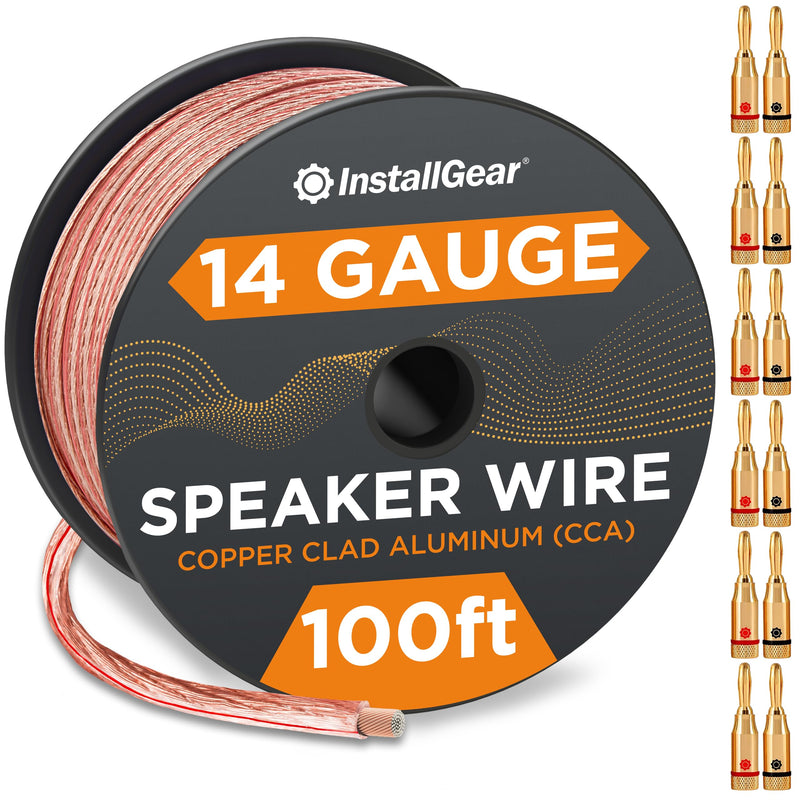 14 Gauge Wire Awg Speaker Cable with 12 Banana Plugs (100 Feet - Clear) Speaker