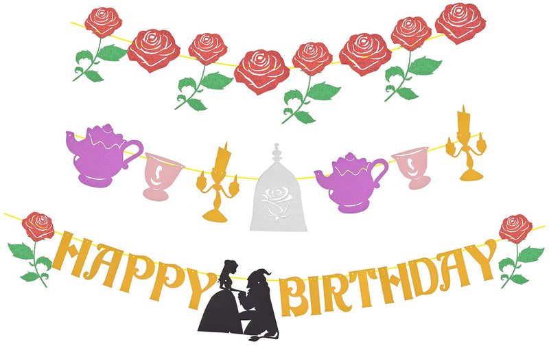 Banner "Be Our Guest Beast", Belle Happy Birthday, Rose, Garland for Children,