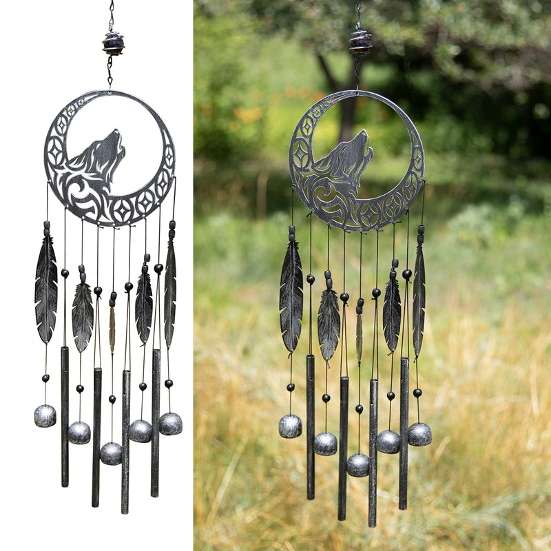 Rustic Charcoal Gray Tribal Wolf Dream Catcher Wind Chime - 275" with Antique Motif