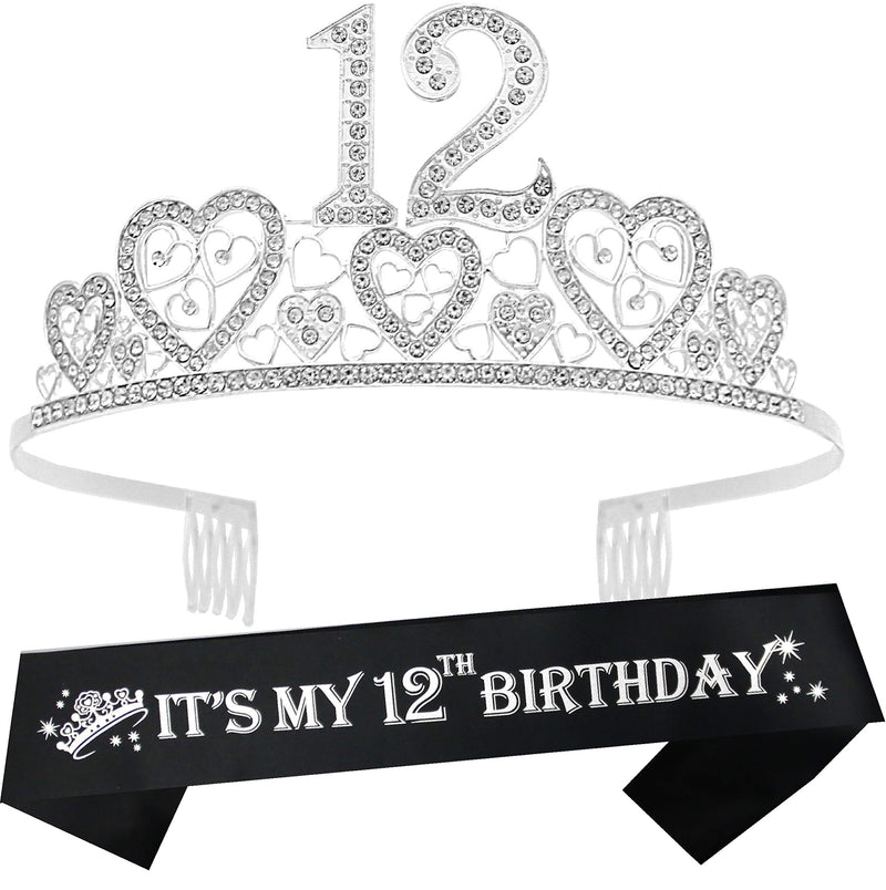 Girls 12th Birthday Sash and Tiara - Fabulous Glitter Sash + Hearts