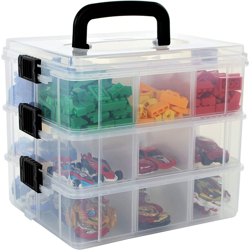 Clear, stackable storage containers with 3 tiers and 18 adjustable lids