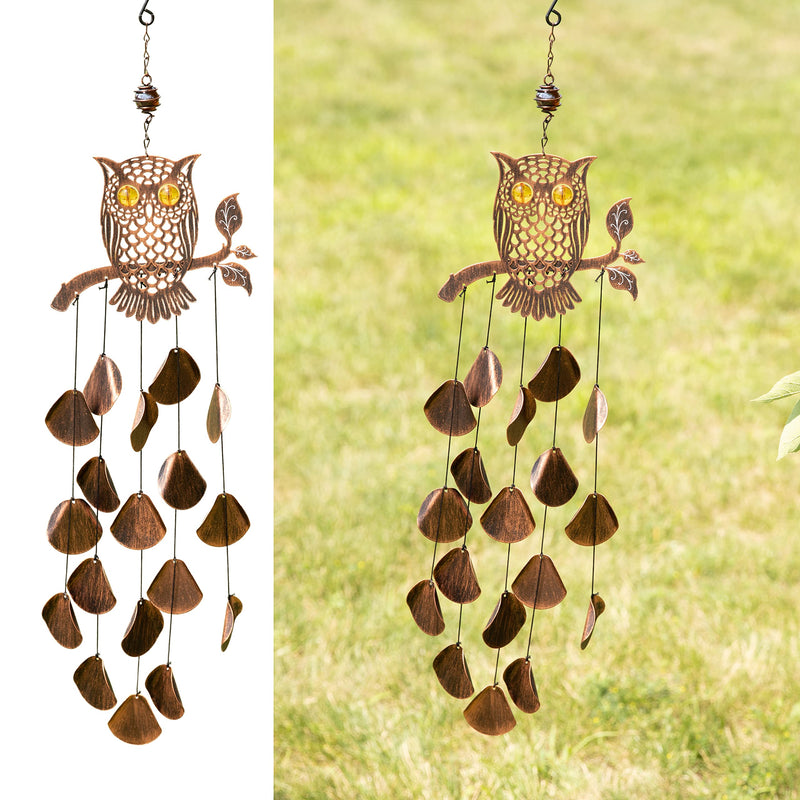 30" H Rustic Copper Tribal Owl Outdoor Wind Chimes, Unique Tribal Owl