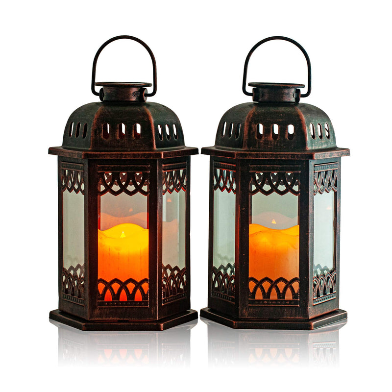 Solar Lanterns Pack of 2 Bronze - Hanging solar lights with flickering candle