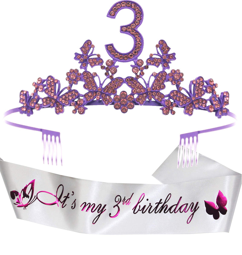 Girls 3rd Birthday Sash and Tiara - Fabulous Glitter Sash + Butterflies