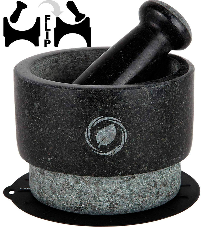 Mortar and Pestle Large Set - Black Granite Stone Spice Grinder, 21 Cup Capacity