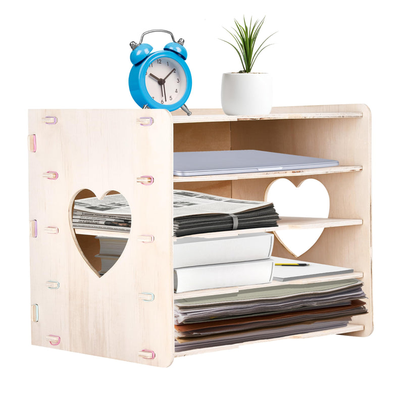 Wooden Desk Organizer - 5 Tier Wooden File Sorter with 4 Compartments - Home Office Paper