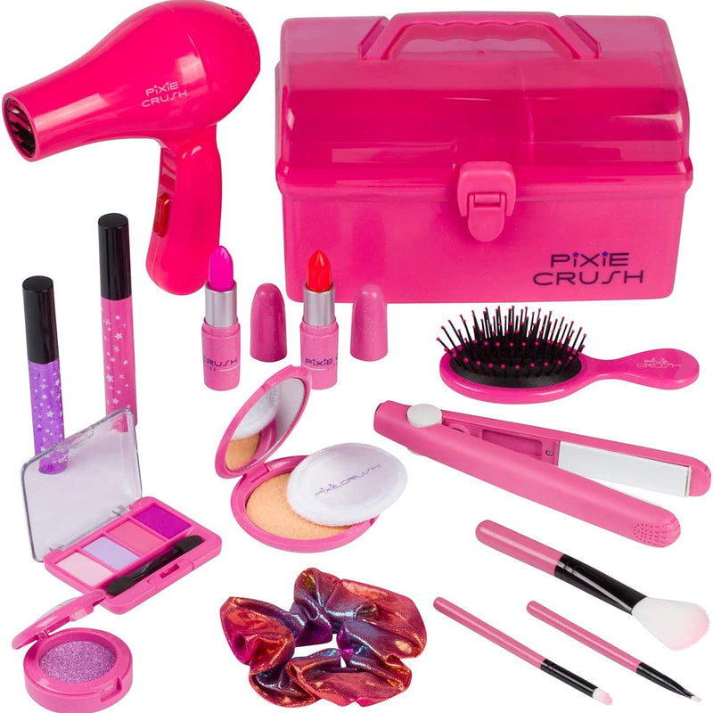 Kids makeup set for girls with pretend hair dryer and straightener for playing hair