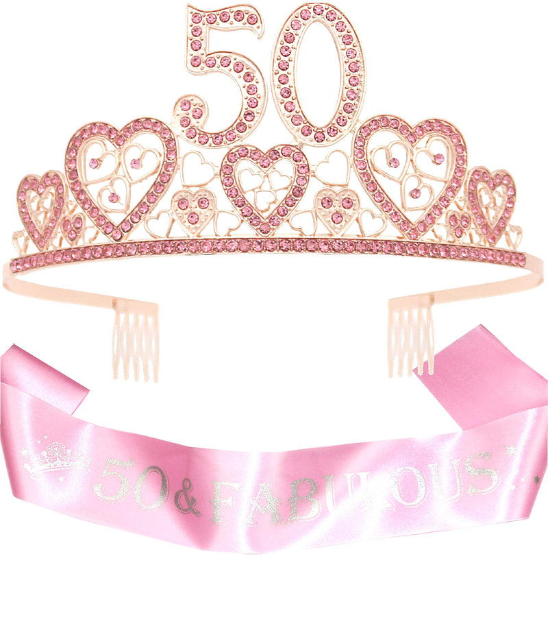 50th Birthday Sash and Tiara for Women - Fabulous Glitter Sash + Hearts