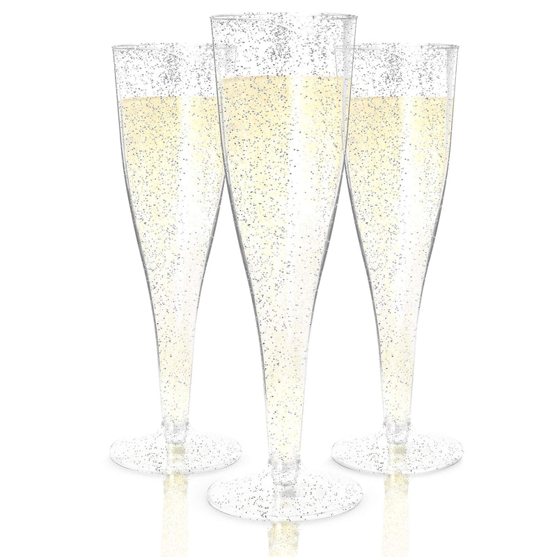 Disposable Plastic Champagne Glasses - Pack of 100 - Silver Glitter Plastic