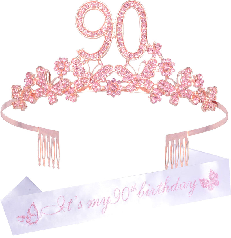 90th Birthday Sash and Tiara for Women - Fabulous Glitter Sash + Butterflies