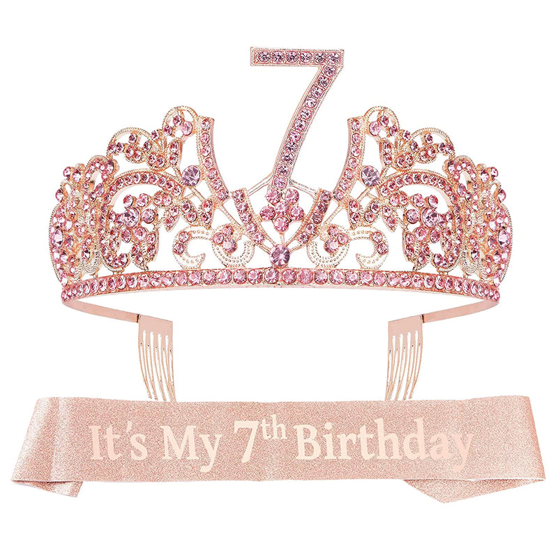 Girls 7th Birthday Sash and Tiara - Glitter Sash + Rhinestone Tiara