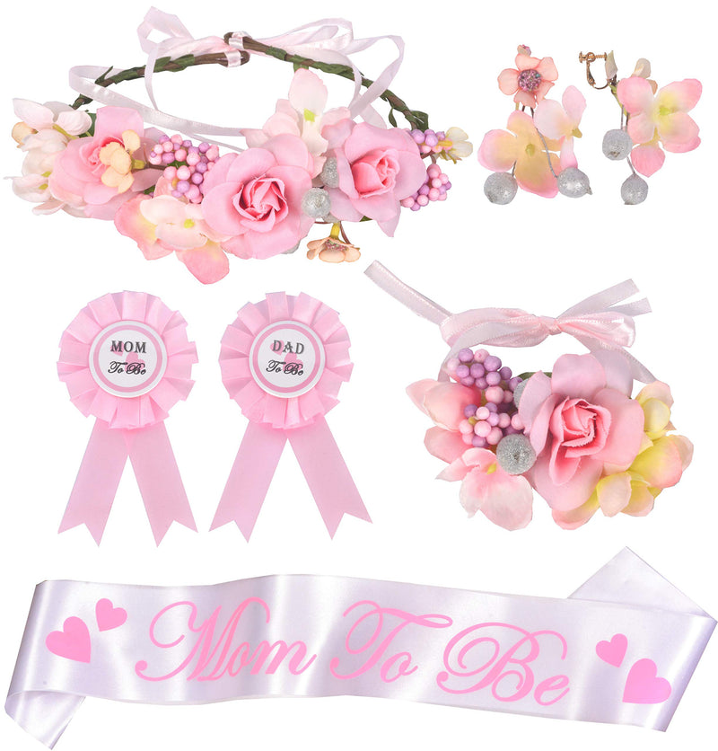 Mommy To Be floral crown in pink with matching floral bracelet and flower