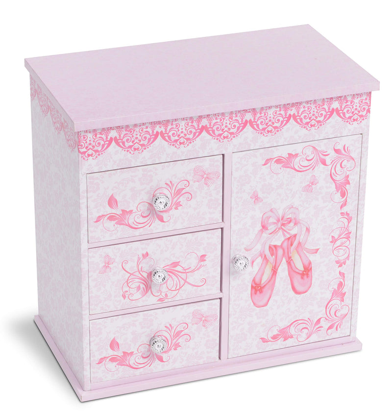 Ballerina jewelry box with music box and 3 pull-out drawers, ballet shoe design