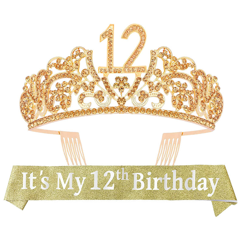 Princess Tiara and Glitter 12th Birthday Sash Set - Gold Rhinestone