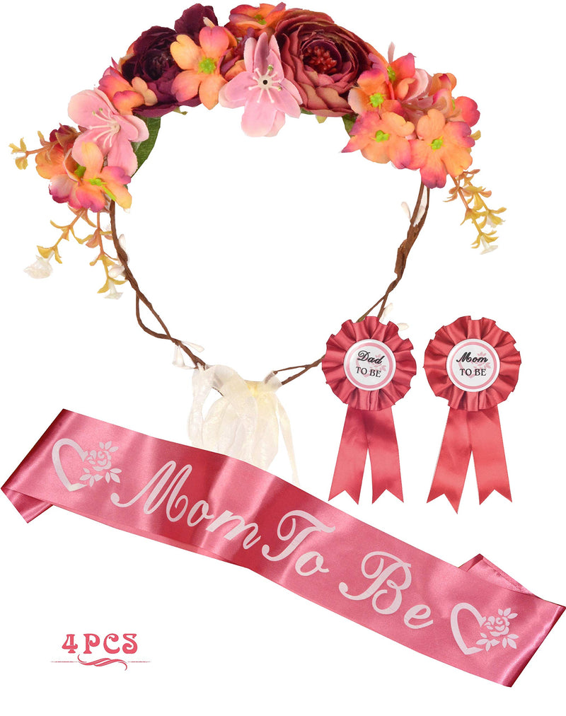 Orange Pink Floral Tiara and Sash Set + Dad To Be Lapel Pin - Baby Shower Decorations for Mom