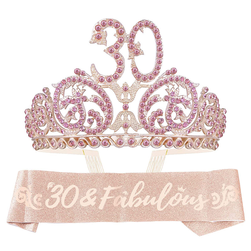 Pink 30th Birthday Tiara and Sash for Women - Fabulous Glitter Sash + Forest