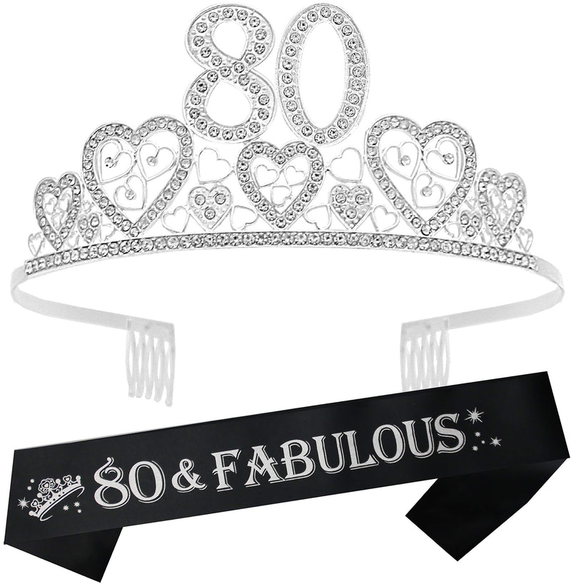 80th Birthday Sash and Tiara for Women - Fabulous Glitter Sash + Hearts