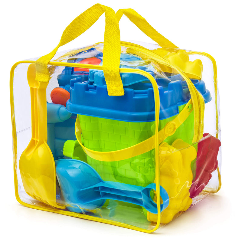 12-piece beach and sand toy set in a reusable bag with zipper