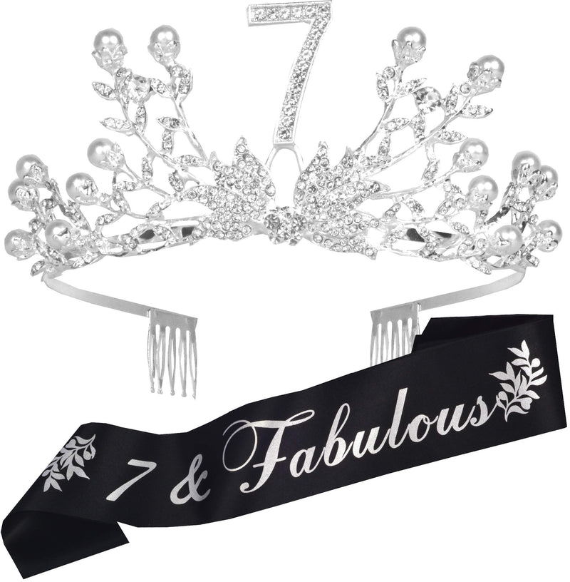 Girls 7th Birthday Sash and Tiara - Fabulous Glitter Sash + Botanic