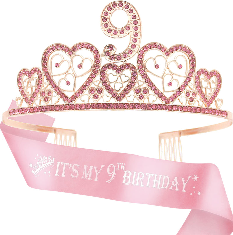 Girls 9th Birthday Sash and Tiara - Fabulous Glitter Sash + Hearts