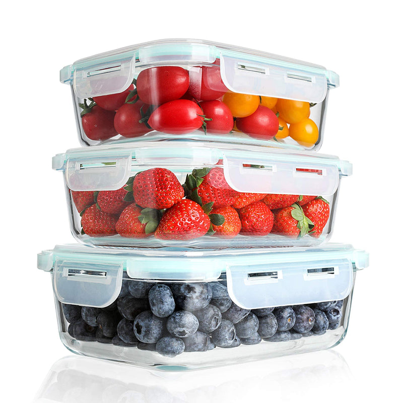 Glass food storage containers for meal preparation, pack of 3 in different sizes