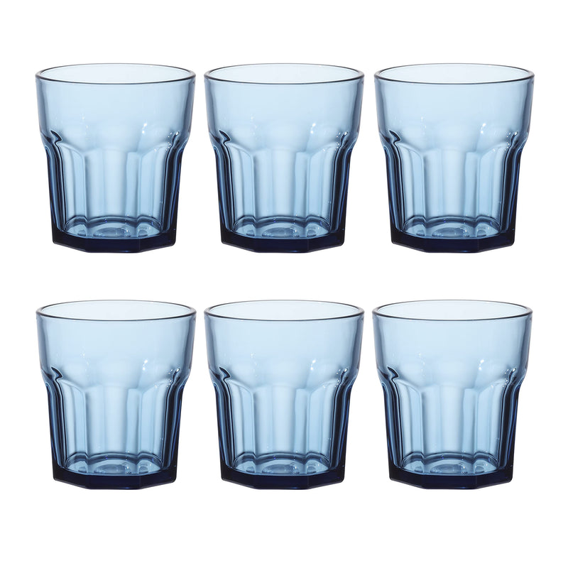 Double old-fashioned glasses, drink glass, colored cups and water