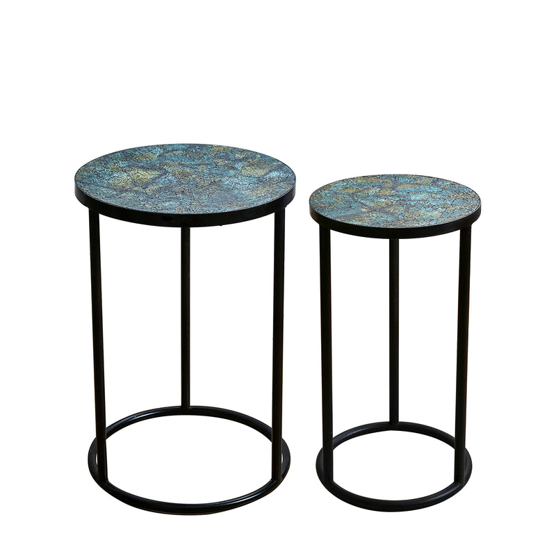 Round black metal mosaic pattern side table - plant stand - bistro table - glass top