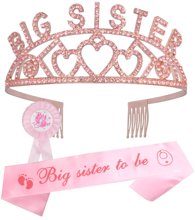 Baby Shower Decorations for Big Sister-to-be - Rose Gold Metal Tiara + Pink Sash