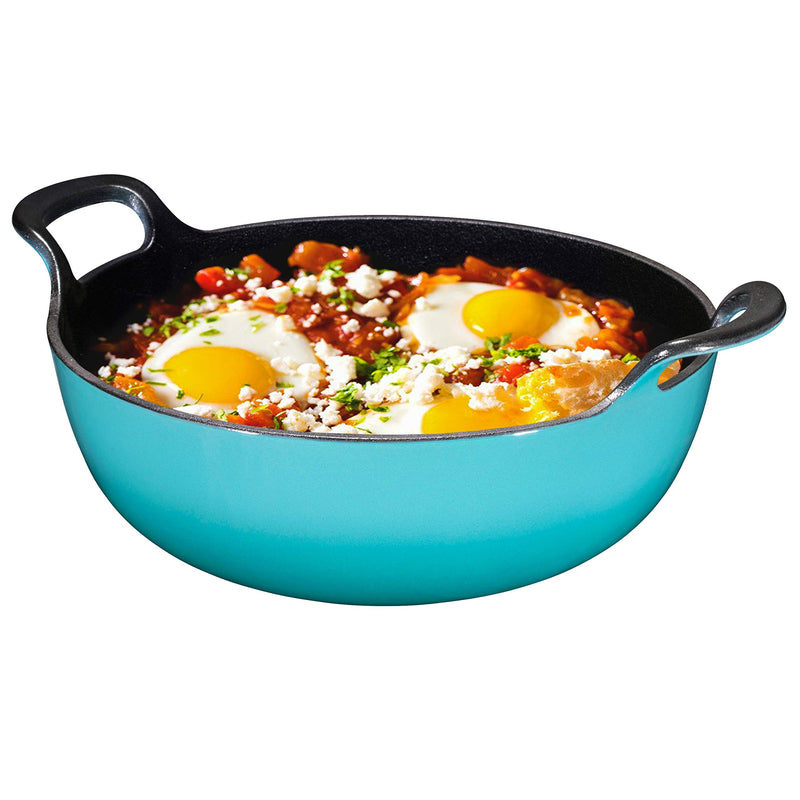 Enameled cast iron Balti bowl with wide loop handles, 5 quart heavy duty wok