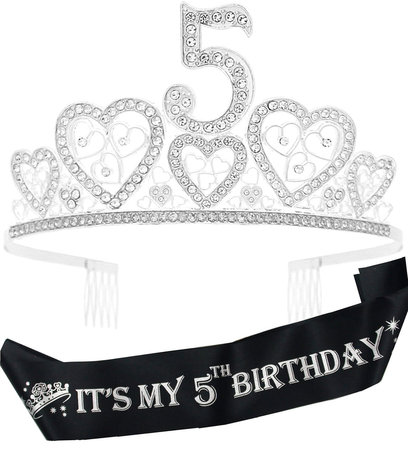 Girls 5th Birthday Sash and Tiara - Fabulous Glitter Sash + Hearts