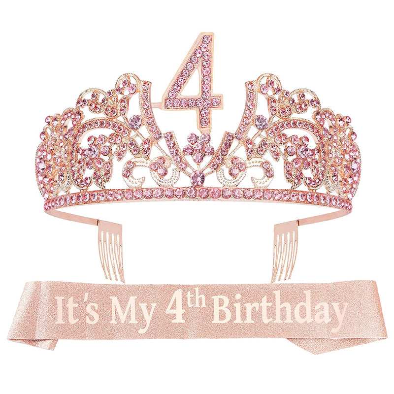 Girls 4th Birthday Sash and Tiara - Fabulous Glitter Sash + Flowers