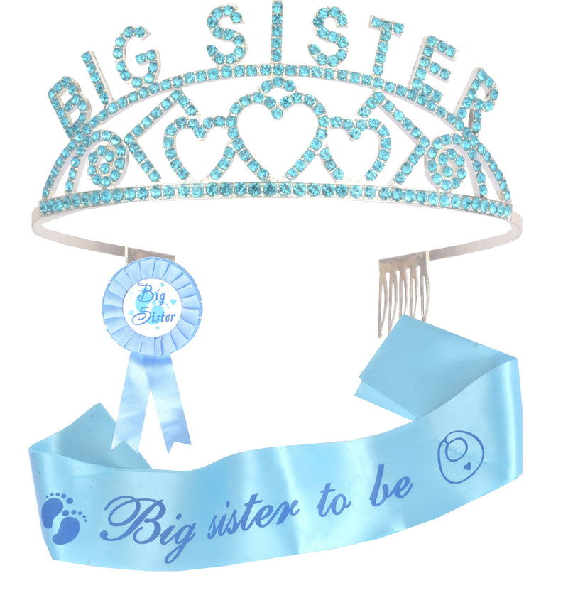 Big Future Sister Baby Shower Decoration Blue Metal Tiara + Blue Sash