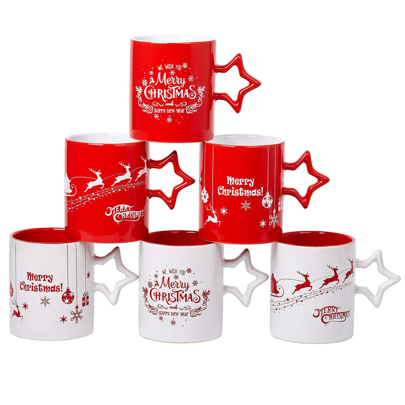 Funny Red and White Star Handle Christmas Coffee Mugs, Set of 6, Large